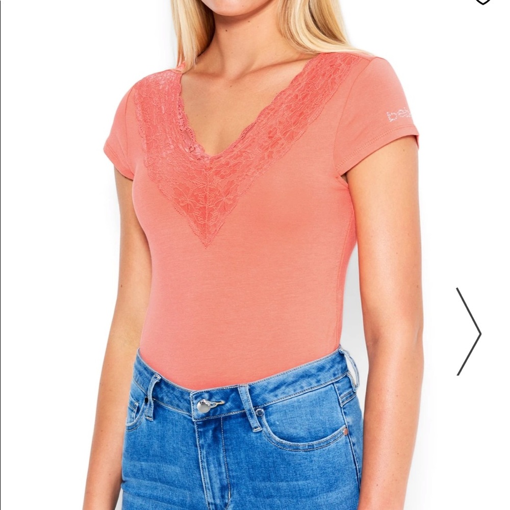 BEBE Logo Lace Plunge Bodysuit, Peach, Large NWT